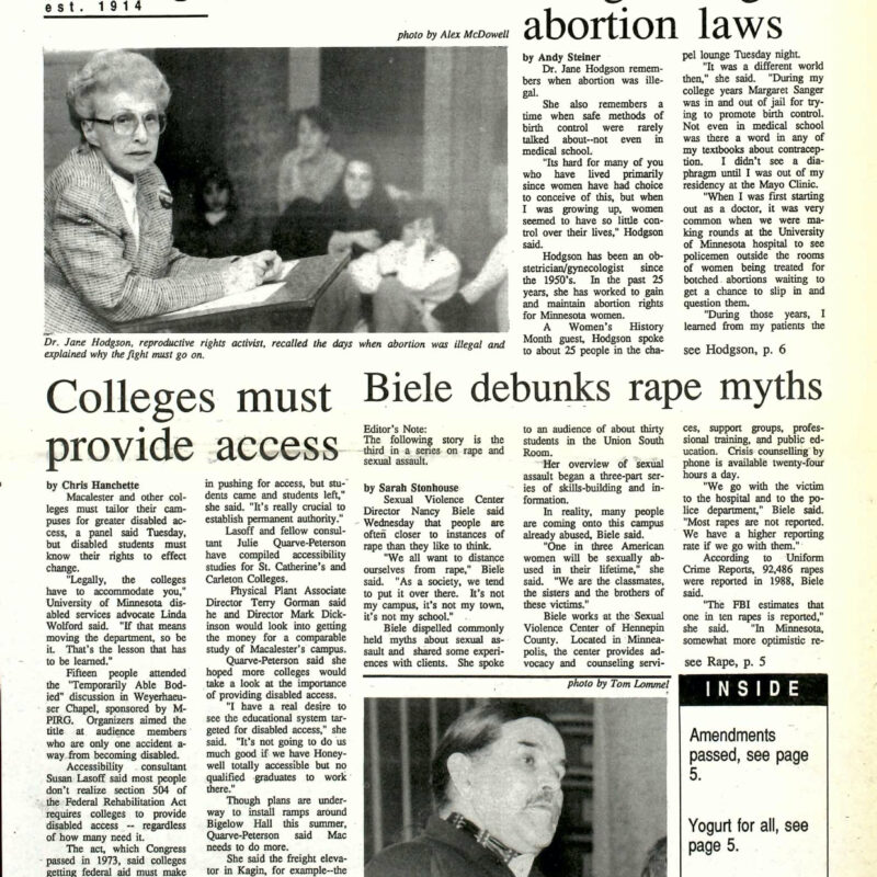 articles about abortion laws; disabled accessibility on campus; rape and sexual violence in Mac Weekly, March 23, 1990